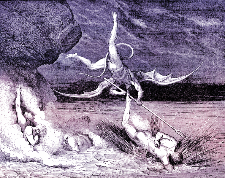 Alichino tấn công Ciampolo, Tranh khắc gỗ của Gustave Dore, 1890.
(Inferno, canto XXII, line 133-138)
