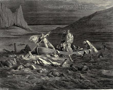 Dante và Virgil đi qua sông Stix, Minh họ a của Gustave Dore