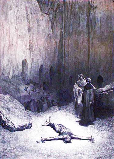 Caiaphas, Tranh khắc gỗ của Gustave Dore, 1890.
(Inferno, canto XXIII, line 110)